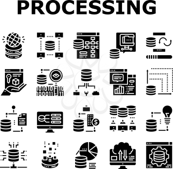 Digital Processing Collection Icons Set Vector. File Compression And Visualization, Download And Upload File Digital Processing Glyph Pictograms Black Illustrations