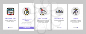 Running Athletic Sport Onboarding Mobile App Page Screen Vector. Treadmill Running Equipment And Gun, Stopwatch And Headphones, Sneaker And T-shirt Illustrations