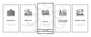Land Property Business Onboarding Mobile App Page Screen Vector. Land Rent And Sale, Residential Apartment And Estate, Public And Recreational Zone Illustrations