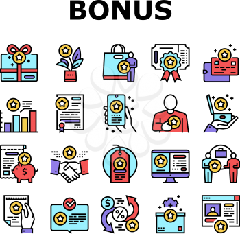 Bonus Present Of Sales Collection Icons Set Vector. Bonus Gift Box For Customer And Card, Contract And Flyer, Label Sale And Online Phone Application Concept Linear Pictograms. Contour Illustrations