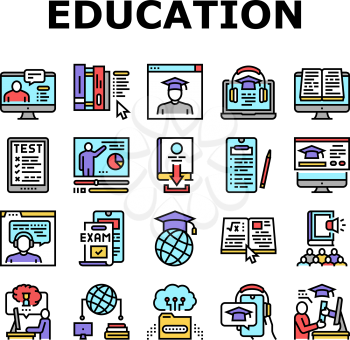 Online Education Book Collection Icons Set Vector. Online Education Lesson And Library, Internet Test And Examination, Student Graduate Concept Linear Pictograms. Contour Illustrations