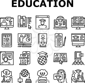 Online Education Book Collection Icons Set Vector. Online Education Lesson And Library, Internet Test And Examination, Student Graduate Black Contour Illustrations