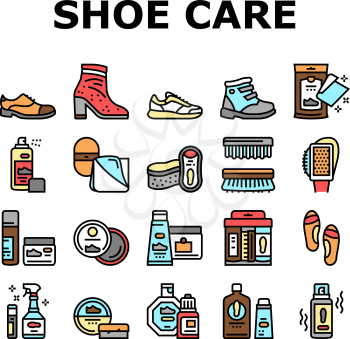 Shoe Care Accessories Collection Icons Set Vector. Leather And Velvet, Children And Everyday Shoe Care, Brush And Sponges, Polishing Tool Concept Linear Pictograms. Contour Illustrations
