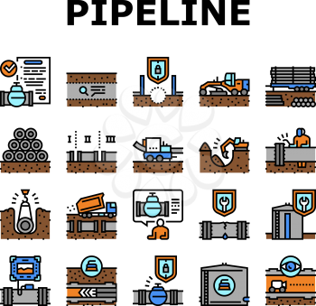 Pipeline Construction Collection Icons Set Vector. Installation And Repair Pipeline Construction, Engineering And Welding Pipe Concept Linear Pictograms. Contour Color Illustrations