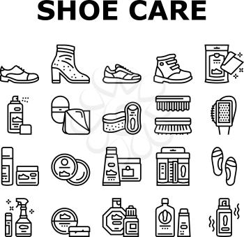 Shoe Care Accessories Collection Icons Set Vector. Leather And Velvet, Children And Everyday Shoe Care, Brush And Sponges, Polishing Tool Black Contour Illustrations