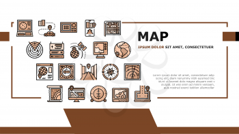 Map Location System Landing Web Page Header Banner Template Vector. Map Location And Gps Satellite Navigation, Direction And Distance, Radar And Compass Illustration