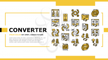 Converter Application Landing Web Page Header Banner Template Vector. Currency And Abstract, Video And Audio Files, Image And Program Code Converter Illustration