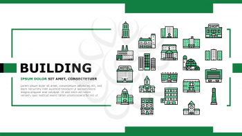 Building Architecture Landing Web Page Header Banner Template Vector. Skyscraper And Bank, Hospital And Shop, Railway Station And Hotel, Church And Parking Building Illustration
