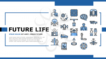 Future Life Devices Landing Web Page Header Banner Template Vector. Flying City And Car, Human Fly Gadget And Drone Wifi, Ai Brain And Chip, Robot And Teleport Illustration