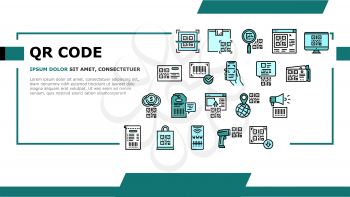Qr Code Identification Landing Web Page Header Banner Template Vector. Qr Code Ticket And Bag, On Computer Screen And Web Site, Label And Scanning Pistol Illustration