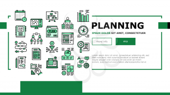 Planning Work Process Landing Web Page Header Banner Template Vector. Planning Business Project And Optimization, Plan And Infographic, Notebook And Agreement Illustration