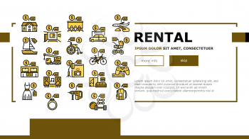 Rental Service Business Landing Web Page Header Banner Template Vector. House And Apartment, Car And Airplane, Boat And Crane Truck, Bicycle And Wheel Chair Rental Illustration