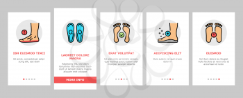 Flat Feet Disease Onboarding Mobile App Page Screen Vector. Orthopedic Insoles And Shoes, Inward And Outward Curvature Of Legs, Flat Feet Treatment Illustrations