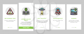 Ufo Guest Visiting Onboarding Mobile App Page Screen Vector. Ufo Spaceship And Alien, Experimental Area Zone 51 And Laboratory, Space Station And Planet Illustrations