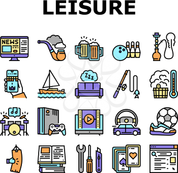 Mens Leisure Time Collection Icons Set Vector. Video Games Phone App And Watch Movie, Smoke Hookah And Pipe, Drink Beer And Play Cards Mens Leisure Concept Linear Pictograms. Contour Illustrations