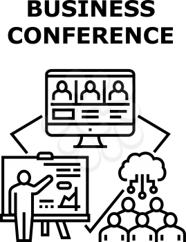 Business Conference Employees Vector Icon Concept. Online Business Conference Employees Or In Meeting Room, Computer Application For Colleagues Communication And Discussing Black Illustration
