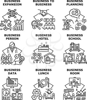 Business School Set Icons Vector Illustrations. Business School Education And Planning Room, Hotel Lunch And Expansion, Businessman And Businesswoman Person. B2B Commerce Black Illustration