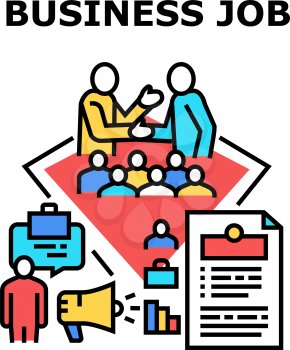 Business Job Vector Icon Concept. Searching Business Job And Sending Cv, Interview With Employer And Working In Company Office. Communication And Conversation With Director Color Illustration
