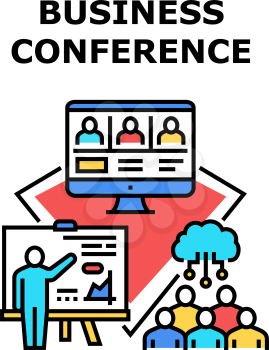 Business Conference Employees Vector Icon Concept. Online Business Conference Employees Or In Meeting Room, Computer Application For Colleagues Communication And Discussing Color Illustration