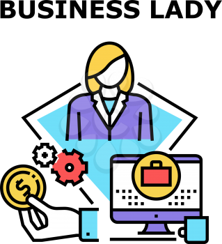 Business Lady Vector Icon Concept. Business Lady Earning Money And Working Online, Searching Job In Internet Or Search Idea For Startup. Businesswoman Occupation Color Illustration