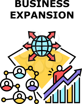 Business Expansion In World Vector Icon Concept. Business Expansion In World, Enterprise Opening Branches Offices Worldwide, Company Growth And Increase Money Profit Color Illustration