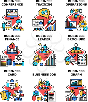 Business Training Set Icons Vector Illustrations. Business Training And Conference, Job Brochure And Graph Card, Leader Finance Operations And Management. Profession Education Color Illustrations