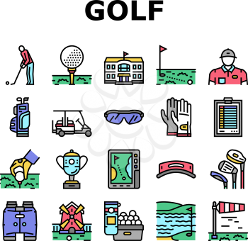Golf Sportive Game On Playground Icons Set Vector. Ball And Clubs In Bag, Caddy And Gps Digital Gadget, Cup Award And Score, Gloves And Sunglasses Golf Player Accessories Line. Color Illustrations