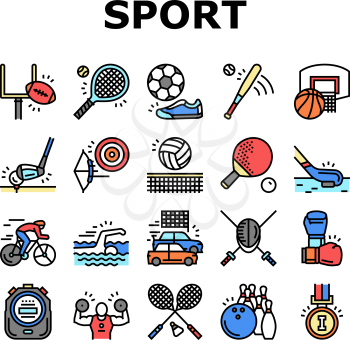 Sport Active Competitive Game Icons Set Vector. Basketball And Volleyball, Soccer And Rugby, Tennis And Badminton Sport Line. Archery, Baseball And Bowling Playing Player Color Illustrations