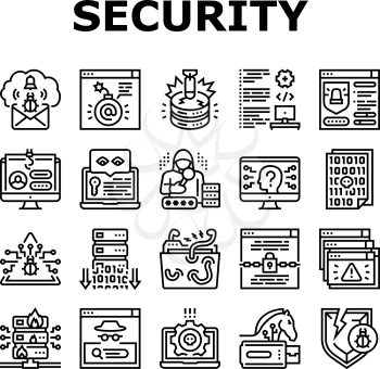 Cyber Security System Technology Icons Set Vector. Cyber Security Software And Application, Padlock And Password For Data Base And Information Protection From Virus Black Contour Illustrations