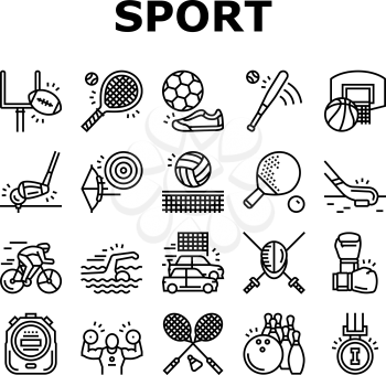 Sport Active Competitive Game Icons Set Vector. Basketball And Volleyball, Soccer And Rugby, Tennis And Badminton Sport Line. Archery, Baseball And Bowling Playing Player Black Contour Illustrations