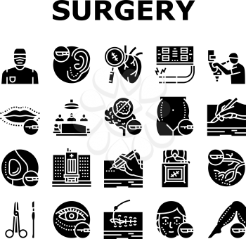 Surgery Medicine Clinic Operation Icons Set Vector. Lips And Facial Plastic Surgery, Liposuction And Implant Beauty Procedure Line. Health Treatment Preocessing Glyph Pictograms Black Illustrations