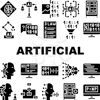 Artificial Intelligence System Icons Set Vector. Artificial Intelligence Binary Code And Robot, Digital Brain And Robotic Arm Collection Glyph Pictograms Black Illustrations