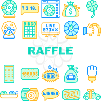 Raffle Lottery Game Collection Icons Set Vector. Raffle Car And Win Money Gambling, Bingo Card And Kegs, Wheel Of Fortune And Ticket Concept Linear Pictograms. Color Contour Illustrations