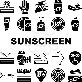 Sunscreen Protection Collection Icons Set Vector. Sunscreen Uv Protect Cream On Hand And Face, Bottle And Tube, Beach Umbrella And Sun Lounger Glyph Pictograms Black Illustrations