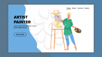 Artist Painter Drawing Picture On Canvas Vector. Young Woman Artist Painter Draw And Create Image In Studio With Paintbrush And Paints. Character Art Occupation Web Flat Cartoon Illustration