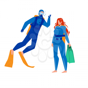 Scuba Diver Man And Woman Togetherness Vector. Scuba Diver Young Boy And Girl Wearing Swimming Costume, Facial Mask, Flippers And Aqualung Equipment. Characters Flat Cartoon Illustration