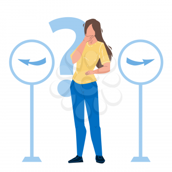 Choosing Way Decision Confident Young Woman Vector. Girl With Question Mark Staying Between Road Signs Choosing Way Direction. Character Lady With Problem Solution Flat Cartoon Illustration