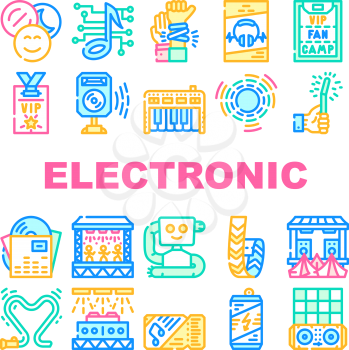 Electronic Dance Music Collection Icons Set Vector. Digital Music And Circular Equalizer, Glow Stick And Bracelet Badge, Ticket And Dj Console Concept Linear Pictograms. Contour Color Illustrations