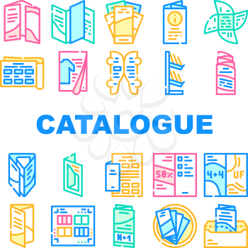 Catalog And Booklet Collection Icons Set Vector. Clothing Fashion Catalog And Promotional Brochure, Informational Flyer And Shelf Concept Linear Pictograms. Contour Color Illustrations