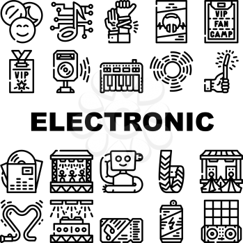 Electronic Dance Music Collection Icons Set Vector. Digital Music And Circular Equalizer, Glow Stick And Bracelet Badge, Ticket And Dj Console Black Contour Illustrations
