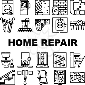 Home Repair Service Collection Icons Set Vector. Washing Machine And Pipe Repair, Defrosting Refrigerator And Installation Of Household Appliances Black Contour Illustrations