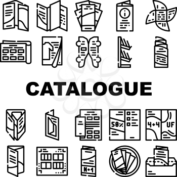 Catalog And Booklet Collection Icons Set Vector. Clothing Fashion Catalog And Promotional Brochure, Informational Flyer And Shelf Black Contour Illustrations