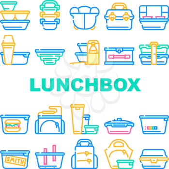 Lunchbox Dishware Collection Icons Set Vector. Backpack And For Women Lunchbox And Thermos, Vacuum And Folding, For Vintage And Sports Concept Linear Pictograms. Contour Color Illustrations