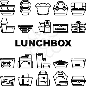 Lunchbox Dishware Collection Icons Set Vector. Backpack And For Women Lunchbox And Thermos, Vacuum And Folding, For Vintage And Sports Black Contour Illustrations