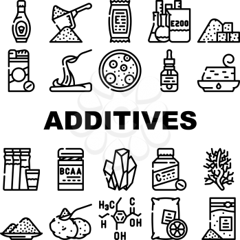 Food Additives Formula Collection Icons Set Vector. Corn Syrup And Sugar Substitute, Chemical Inventory And Amino Acids Food Additives Black Contour Illustrations