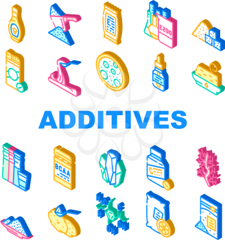 Food Additives Formula Collection Icons Set Vector. Corn Syrup And Sugar Substitute, Chemical Inventory And Amino Acids Food Additives Isometric Sign Color Illustrations