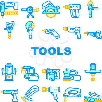 Tools For Building Collection Icons Set Vector. Jigsaw And Jackhammer, Neiler And Electric Planer, Spray Gun And Wrench, Flazer And Mixer Tools Concept Linear Pictograms. Contour Illustrations