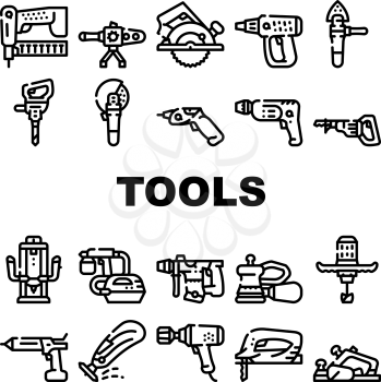 Tools For Building Collection Icons Set Vector. Jigsaw And Jackhammer, Neiler And Electric Planer, Spray Gun And Wrench, Flazer And Mixer Tools Black Contour Illustrations