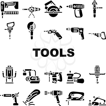 Tools For Building Collection Icons Set Vector. Jigsaw And Jackhammer, Neiler And Electric Planer, Spray Gun And Wrench, Flazer And Mixer Tools Glyph Pictograms Black Illustrations