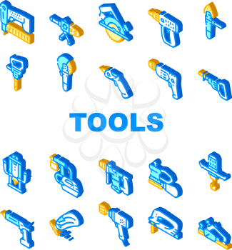 Tools For Building Collection Icons Set Vector. Jigsaw And Jackhammer, Neiler And Electric Planer, Spray Gun And Wrench, Flazer And Mixer Tools Isometric Sign Color Illustrations